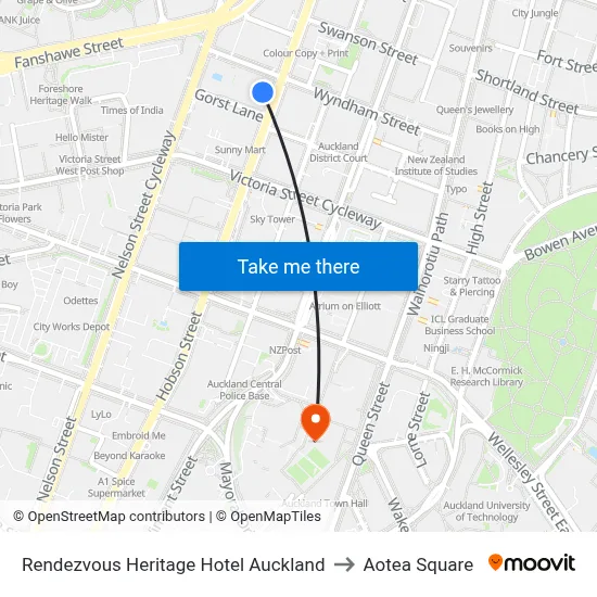 Rendezvous Heritage Hotel Auckland to Aotea Square map
