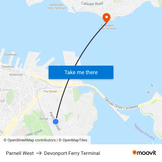 Parnell West to Devonport Ferry Terminal map