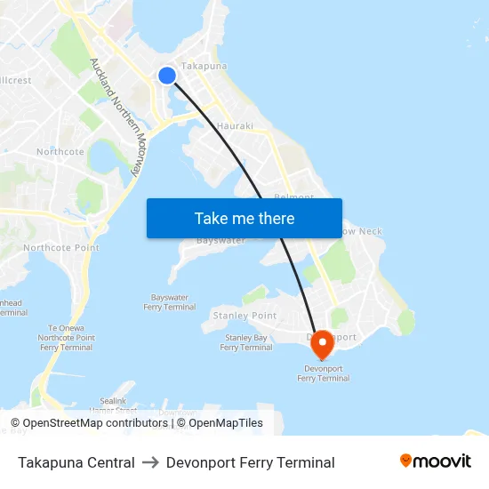 Takapuna Central to Devonport Ferry Terminal map