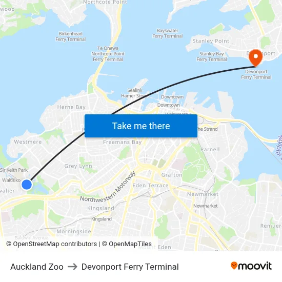 Auckland Zoo to Devonport Ferry Terminal map
