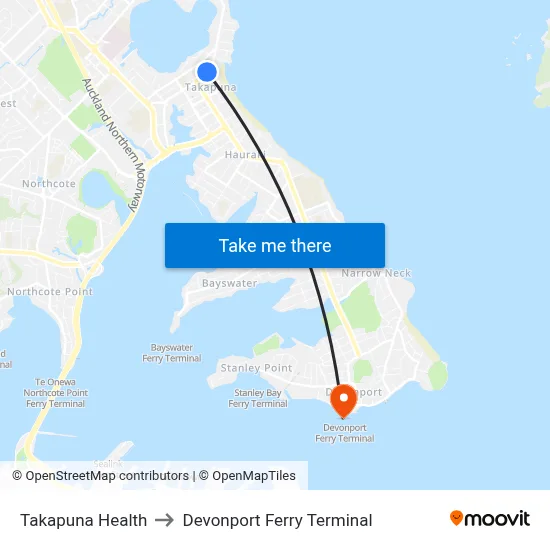 Takapuna Health to Devonport Ferry Terminal map