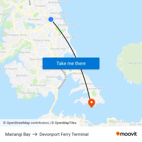 Mairangi Bay to Devonport Ferry Terminal map