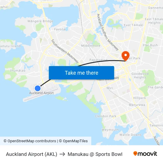 Auckland Airport (AKL) to Manukau @ Sports Bowl map