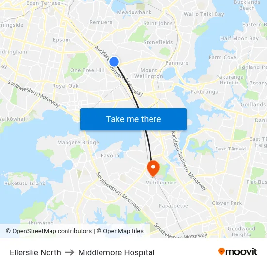 Ellerslie North to Middlemore Hospital map