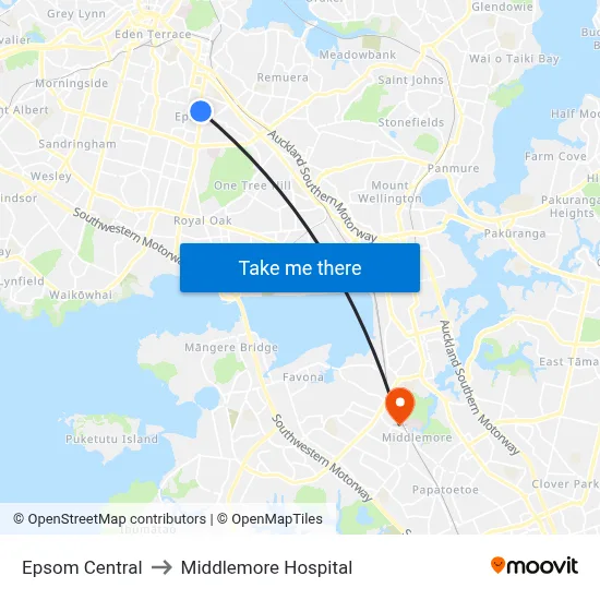 Epsom Central to Middlemore Hospital map