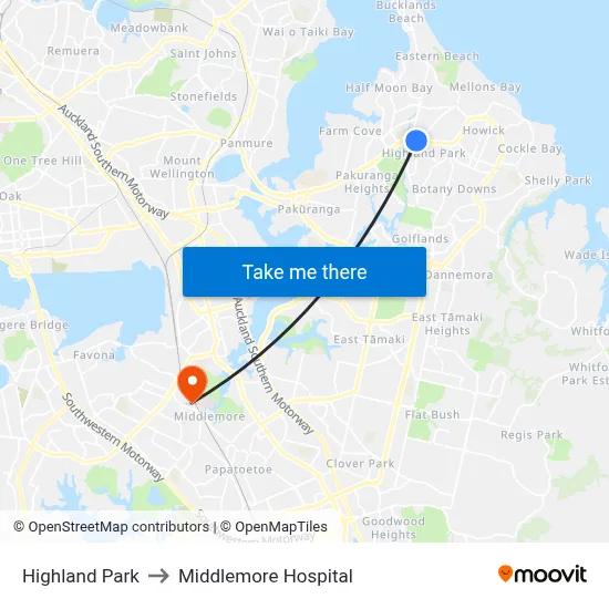 Highland Park to Middlemore Hospital map