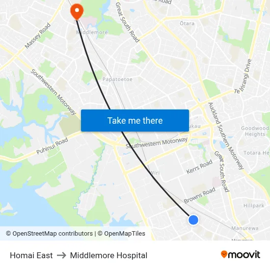 Homai East to Middlemore Hospital map