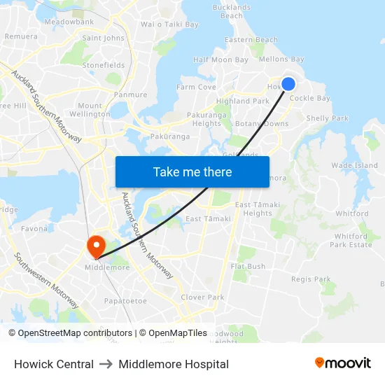 Howick Central to Middlemore Hospital map