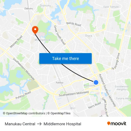 Manukau Central to Middlemore Hospital map