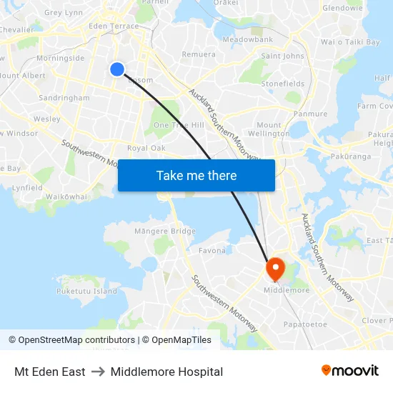 Mt Eden East to Middlemore Hospital map
