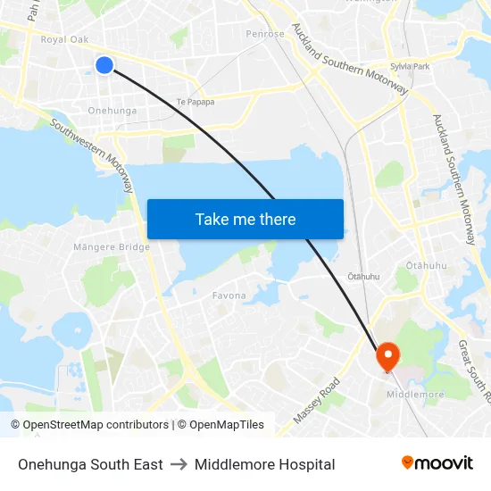 Onehunga South East to Middlemore Hospital map