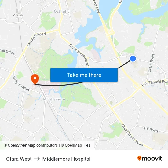 Otara West to Middlemore Hospital map