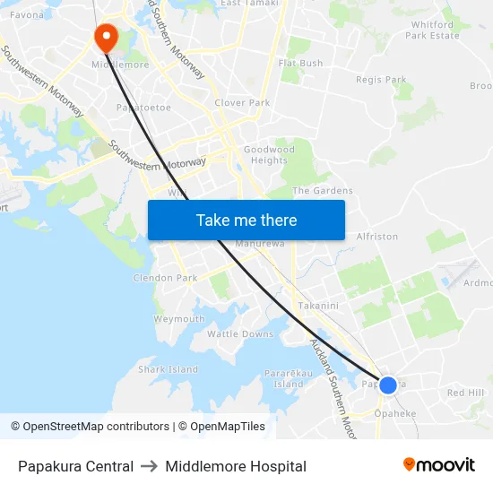 Papakura Central to Middlemore Hospital map