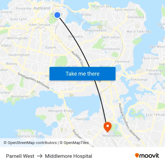 Parnell West to Middlemore Hospital map