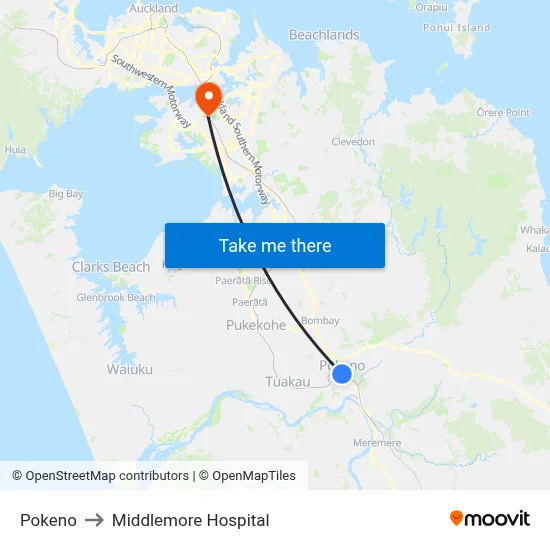 Pokeno to Middlemore Hospital map