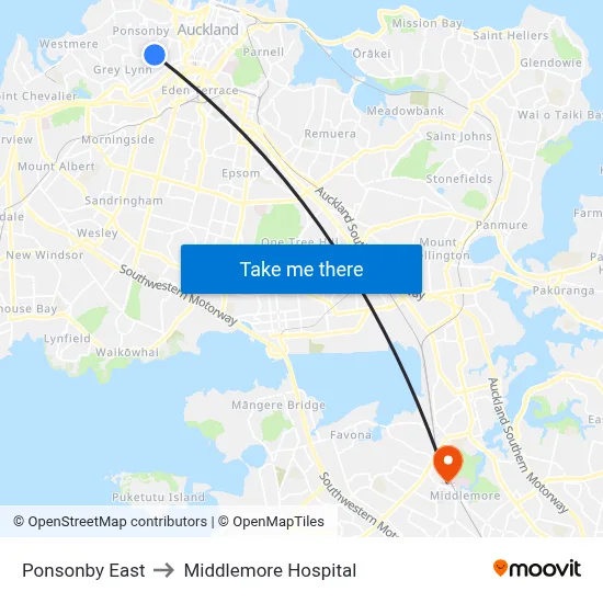 Ponsonby East to Middlemore Hospital map