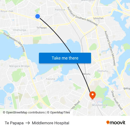Te Papapa to Middlemore Hospital map