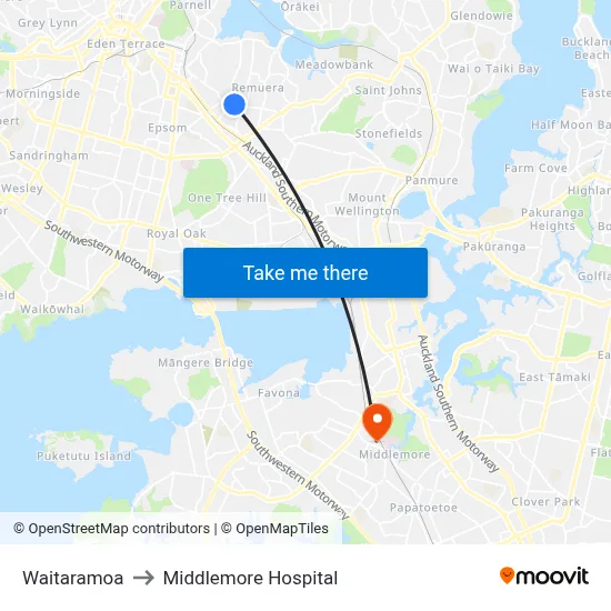 Waitaramoa to Middlemore Hospital map