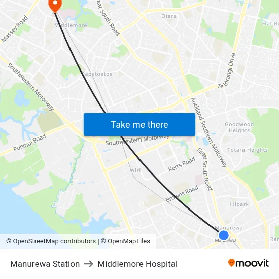 Manurewa Station to Middlemore Hospital map