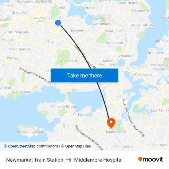 Newmarket Train Station to Middlemore Hospital map