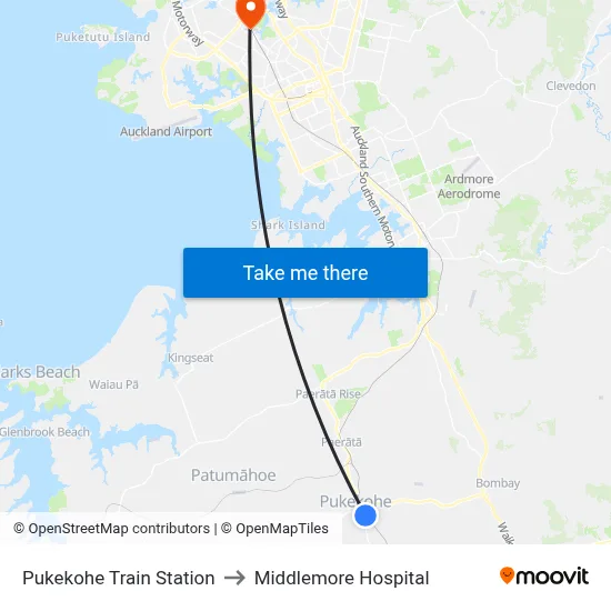 Pukekohe Train Station to Middlemore Hospital map