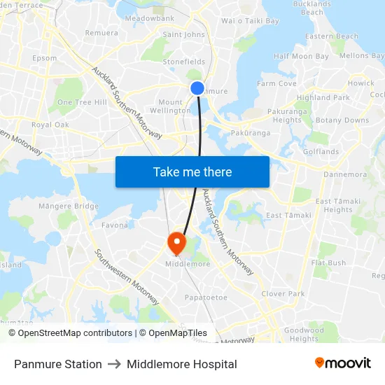 Panmure Station to Middlemore Hospital map