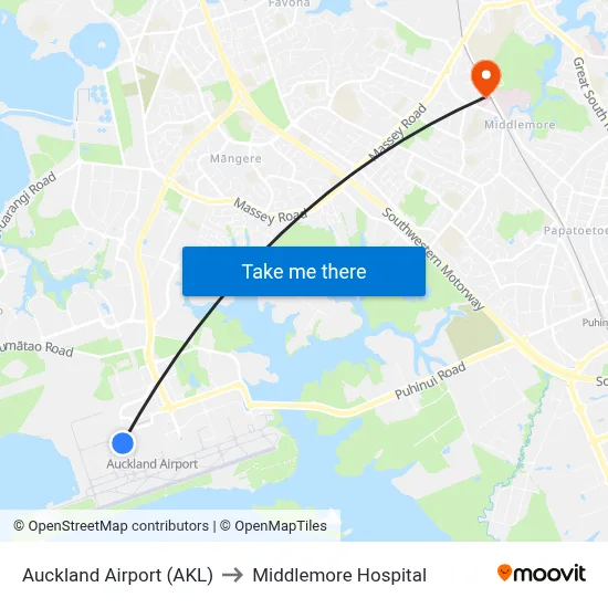 Auckland Airport (AKL) to Middlemore Hospital map