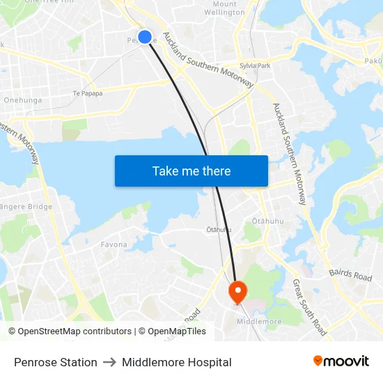 Penrose Station to Middlemore Hospital map