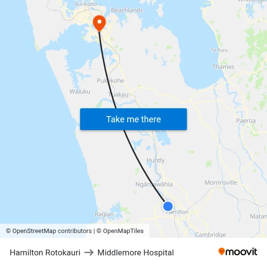 Hamilton Rotokauri to Middlemore Hospital map