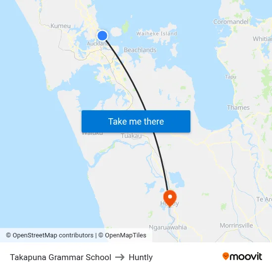 Takapuna Grammar School to Huntly map