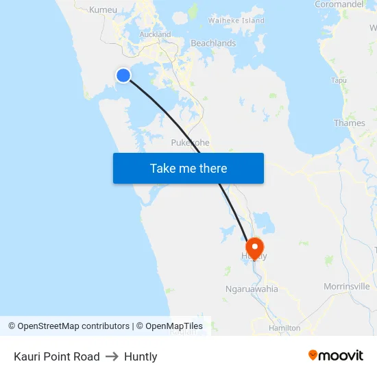 Kauri Point Road to Huntly map