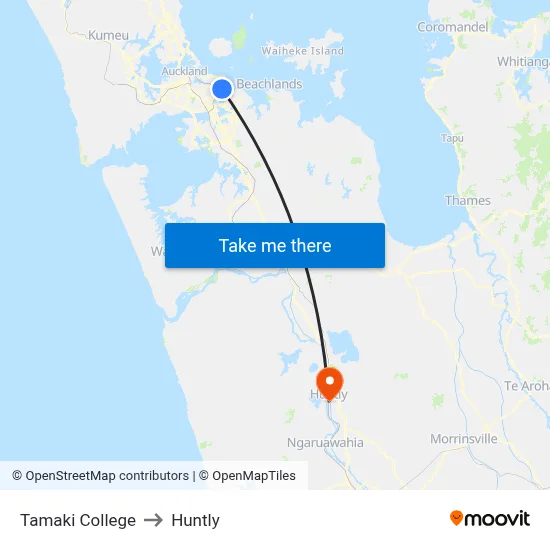 Tamaki College to Huntly map