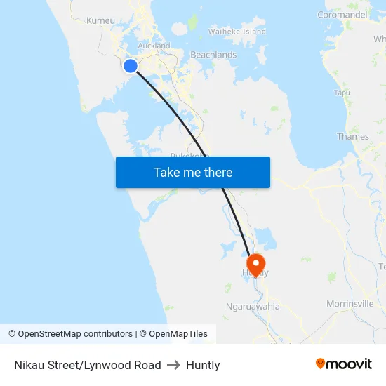 Nikau Street/Lynwood Road to Huntly map