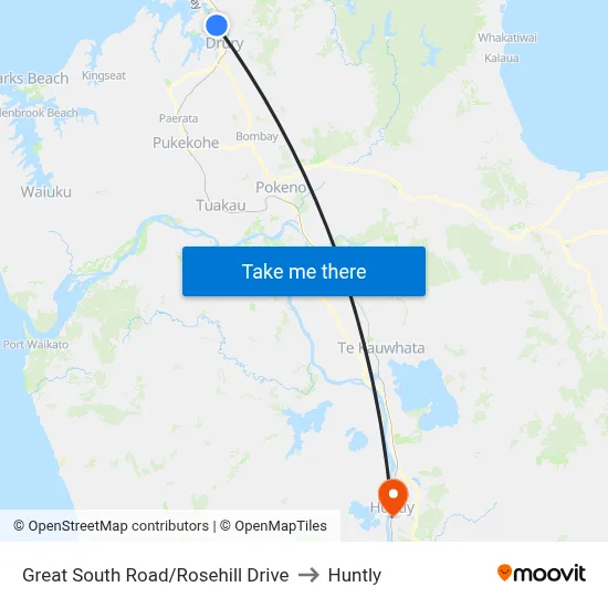 Great South Road/Rosehill Drive to Huntly map