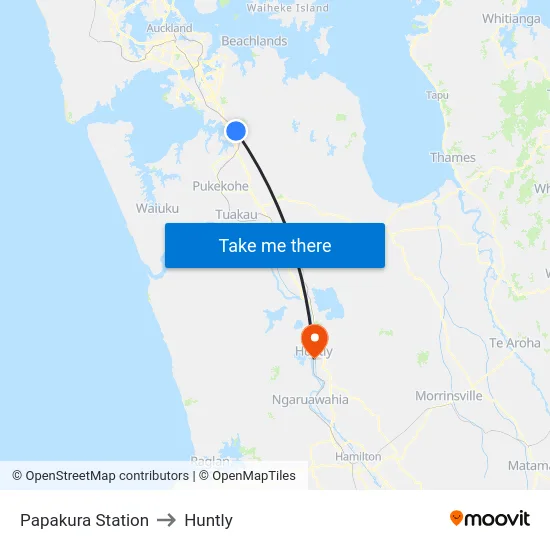 Papakura Station to Huntly map