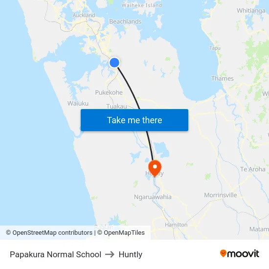Papakura Normal School to Huntly map
