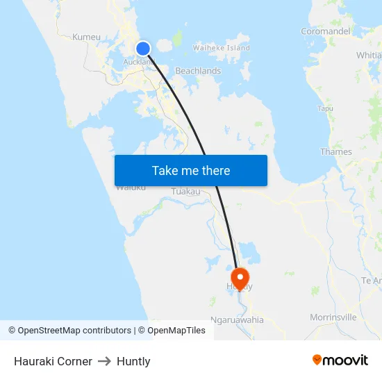 Hauraki Corner to Huntly map
