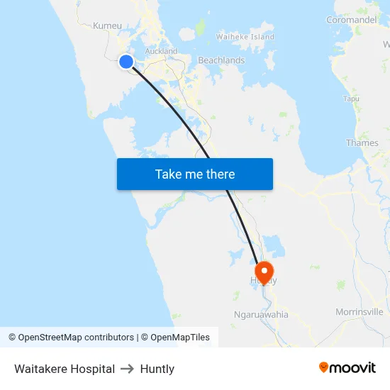 Waitakere Hospital to Huntly map