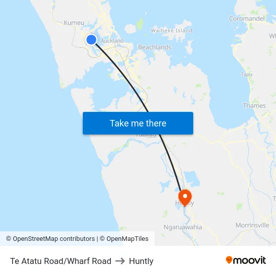 Te Atatu Road/Wharf Road to Huntly map