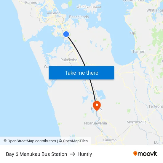 Bay 6 Manukau Bus Station to Huntly map