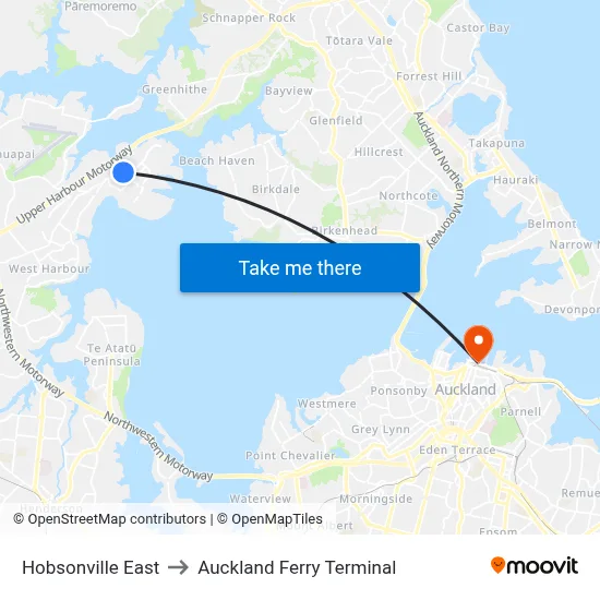 Hobsonville East to Auckland Ferry Terminal map