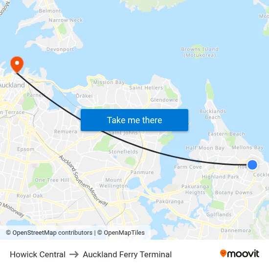 Howick Central to Auckland Ferry Terminal map