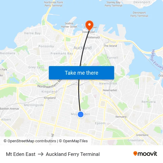 Mt Eden East to Auckland Ferry Terminal map