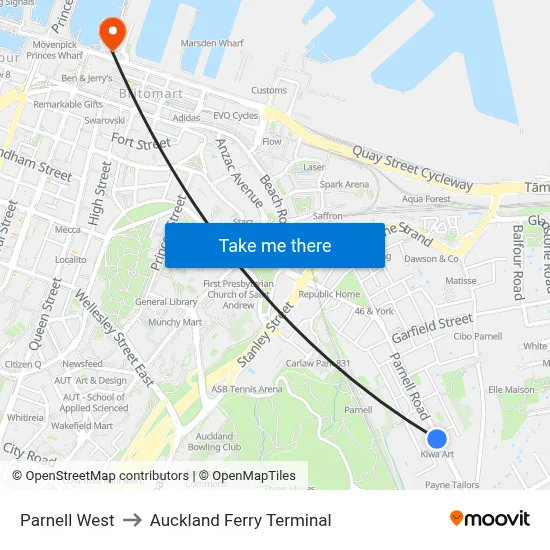 Parnell West to Auckland Ferry Terminal map