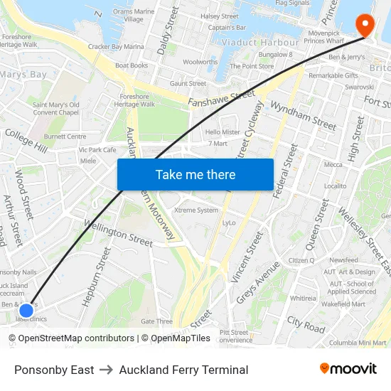 Ponsonby East to Auckland Ferry Terminal map