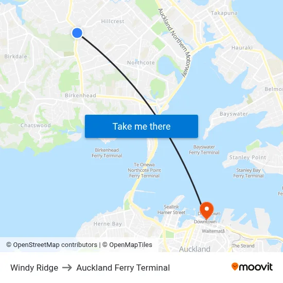 Windy Ridge to Auckland Ferry Terminal map