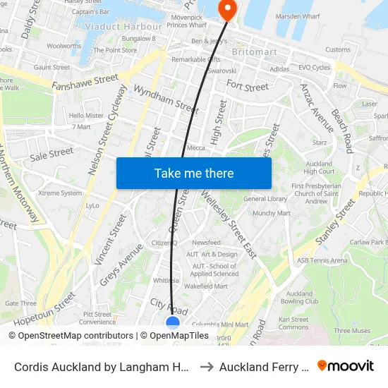 Cordis Auckland by Langham Hospitality Group to Auckland Ferry Terminal map