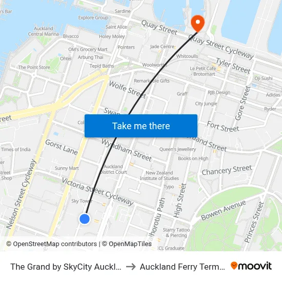 The Grand by SkyCity Auckland to Auckland Ferry Terminal map