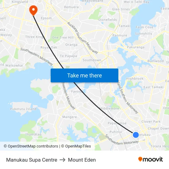 Manukau Supa Centre to Mount Eden map
