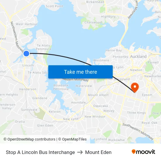 Stop A Lincoln Bus Interchange to Mount Eden map